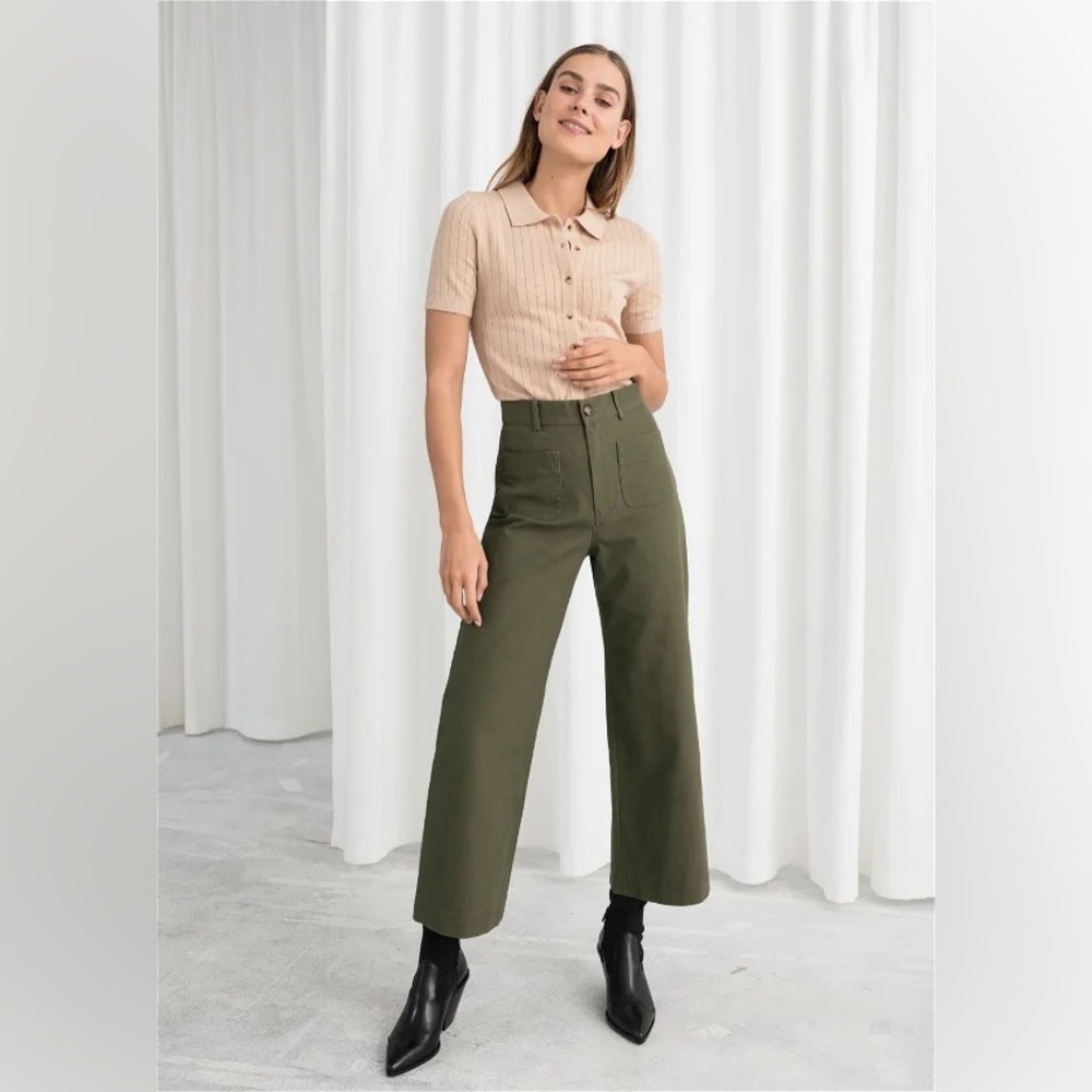 & Other Stories High Waisted Twill Pants, Green, US 4